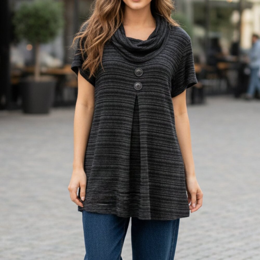 Reitmans Cowl Neck Short Sleeve Top Blouse Shirt Black/Gray